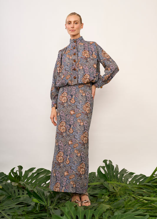 Saia Alana Jacquard Floral Azul
