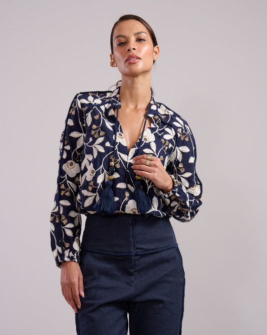 Bata Marina Marinho Bordada